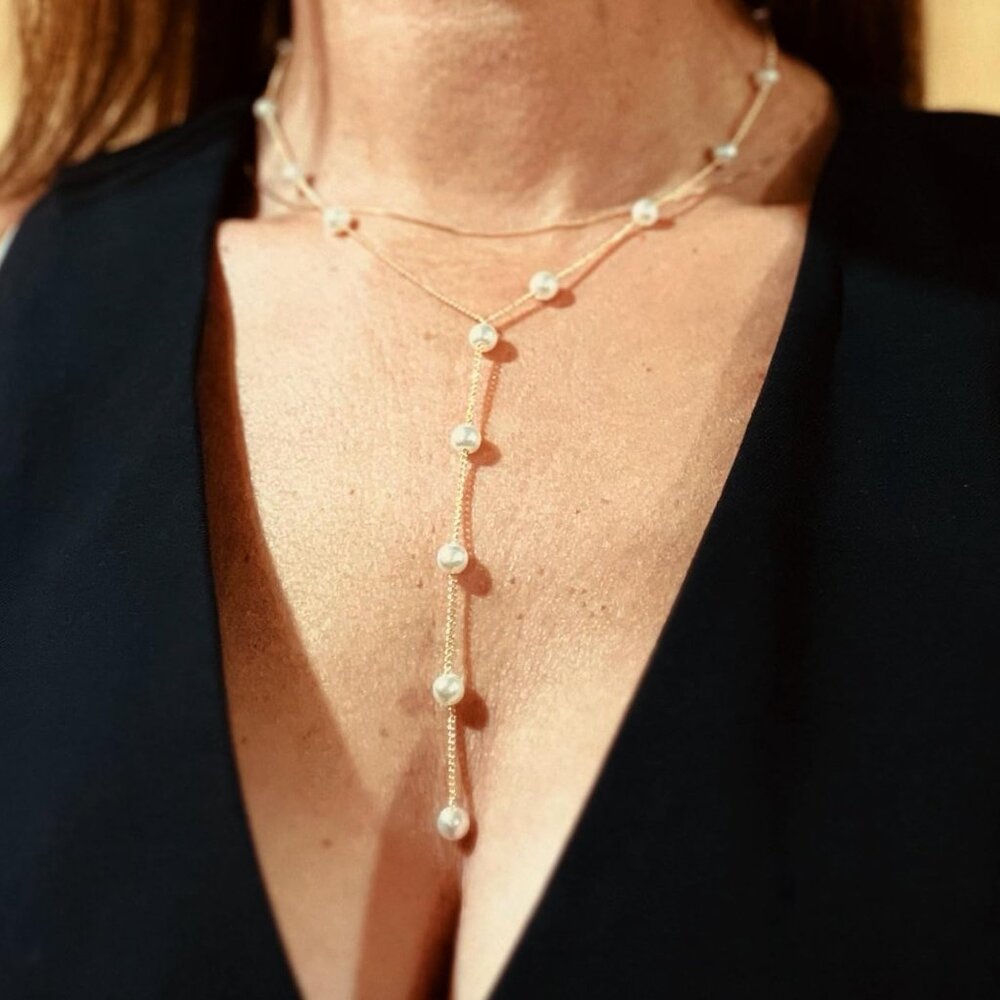 Neiman Marcus 14k Gold Plated Dainty Pearl Y-Shape Necklace